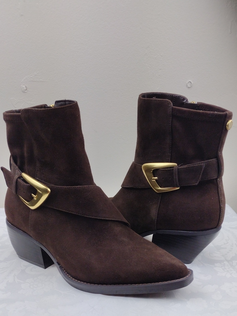 Vince Camuto Philan Brown Suede Overlay Strap Point Toe Western Style Short Boot